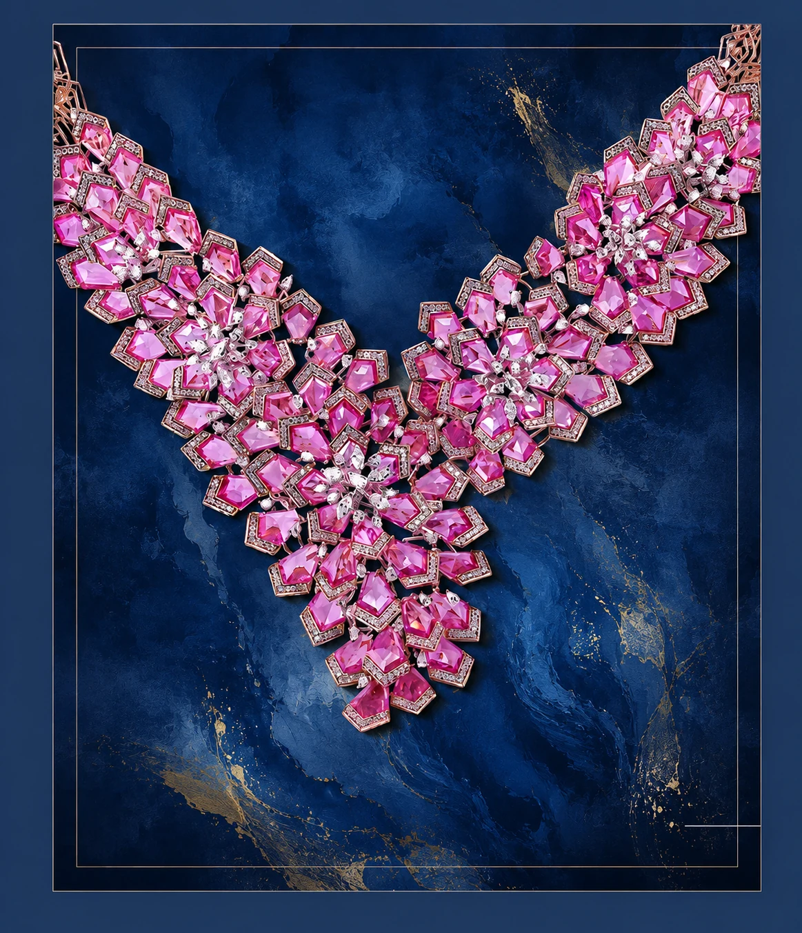 Anand Ranawat pink gemstone statement necklace against a deep blue seascape