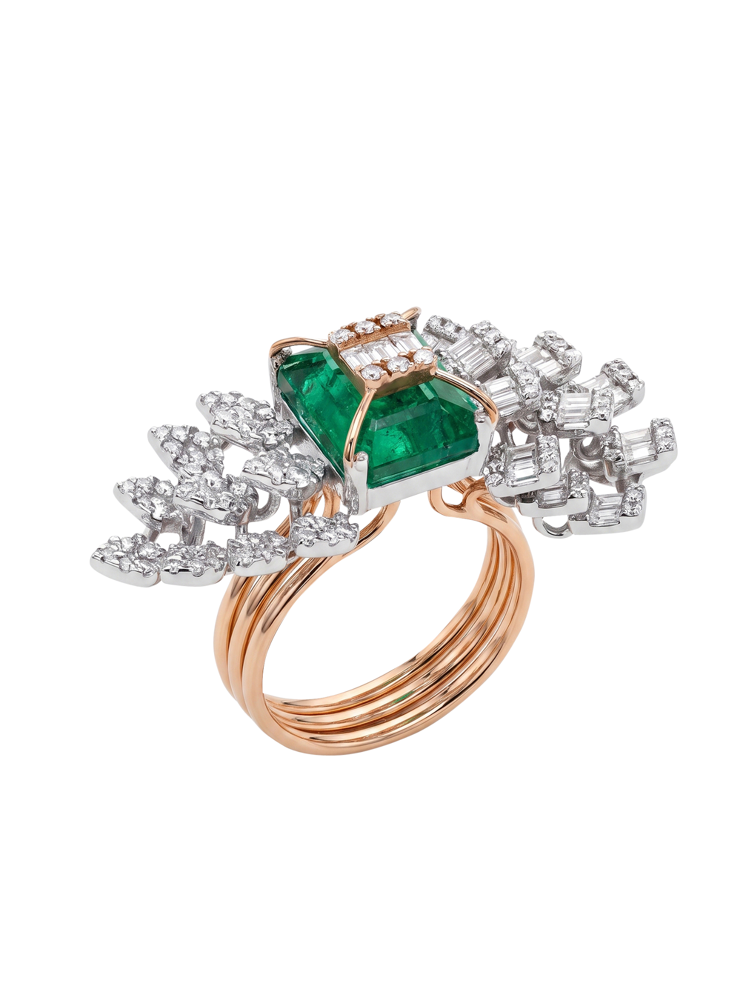 Sculptural emerald and diamond bespoke ring