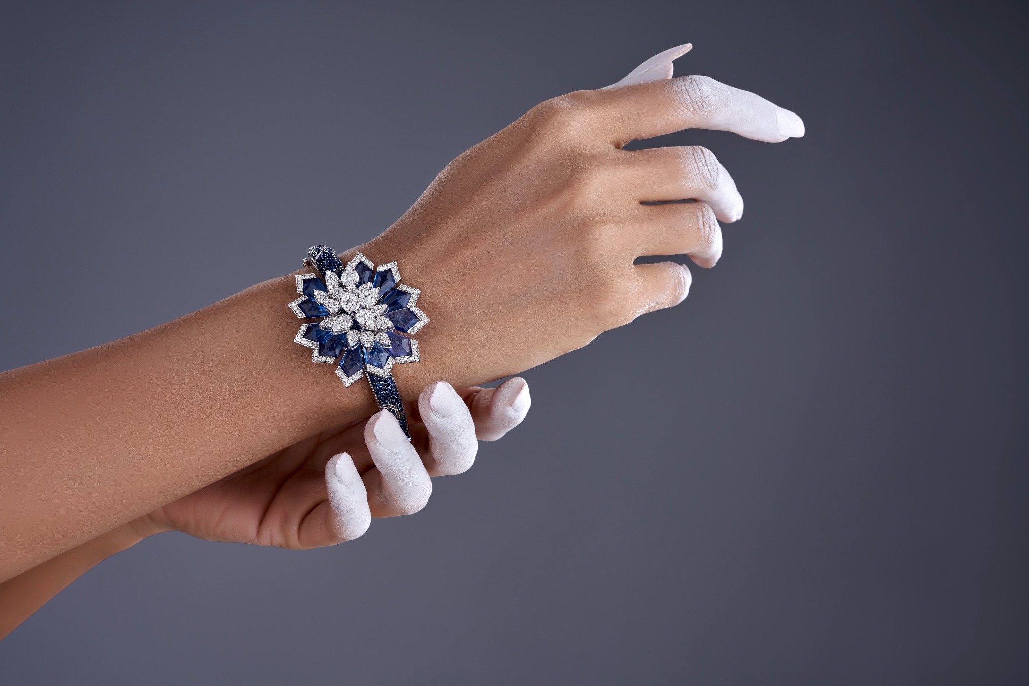 Diamond and blue gemstone statement bracelet