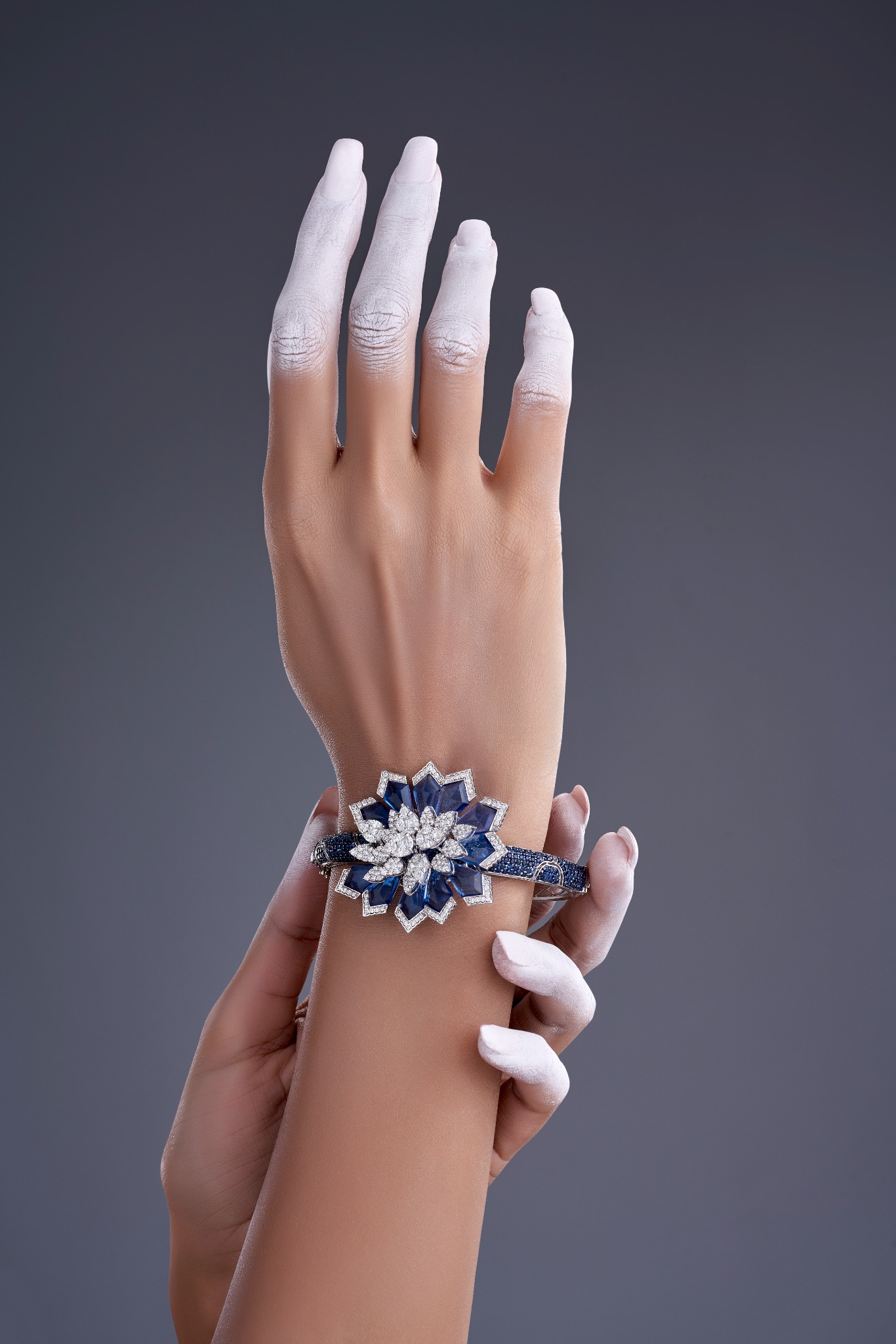 Blue and diamond floral statement bracelet