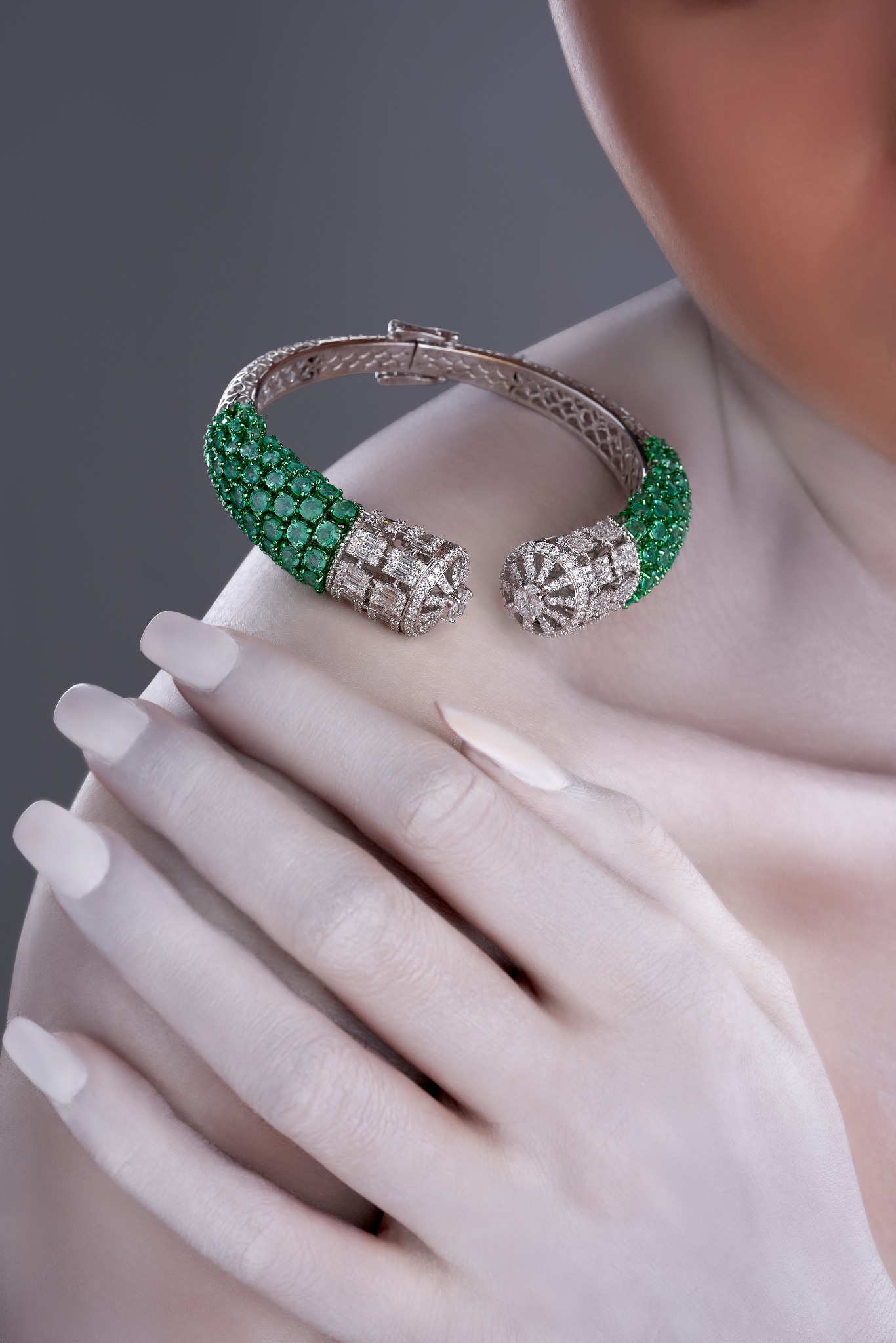 Emerald and diamond open cuff bracelet
