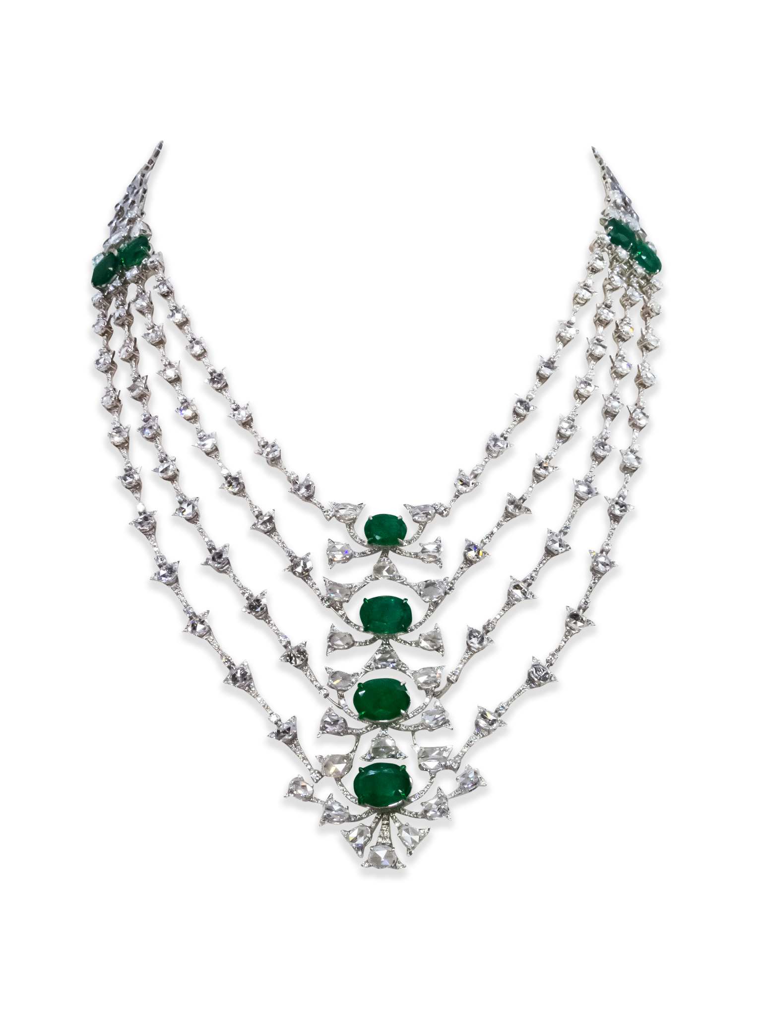 Layered emerald and diamond high-jewellery necklace