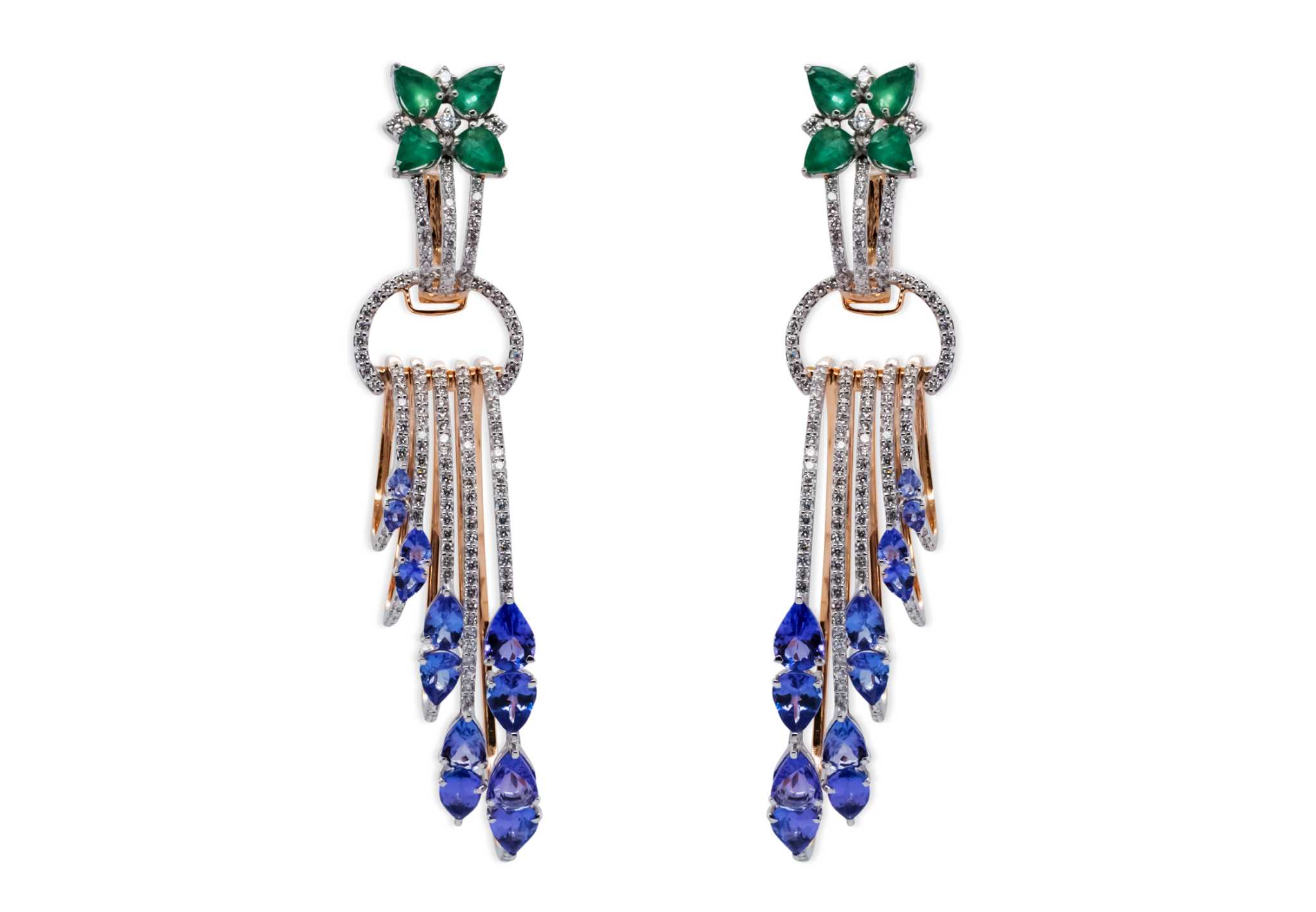 Long blue, emerald and diamond statement earrings