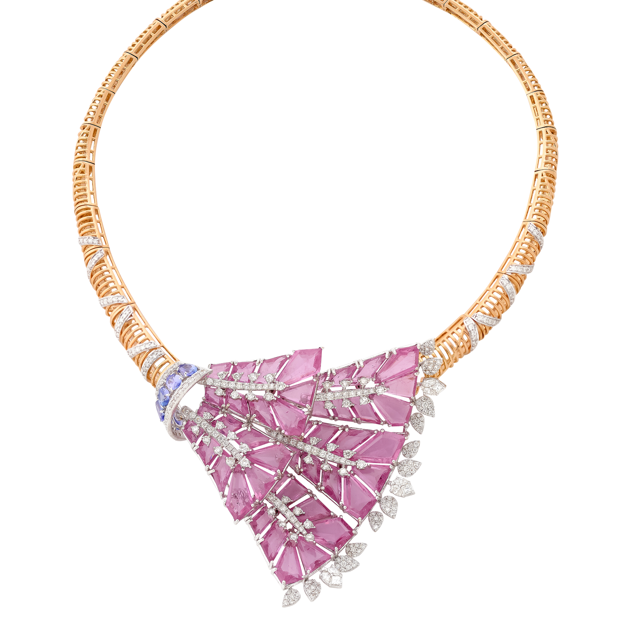 Architectural pink gemstone fan necklace