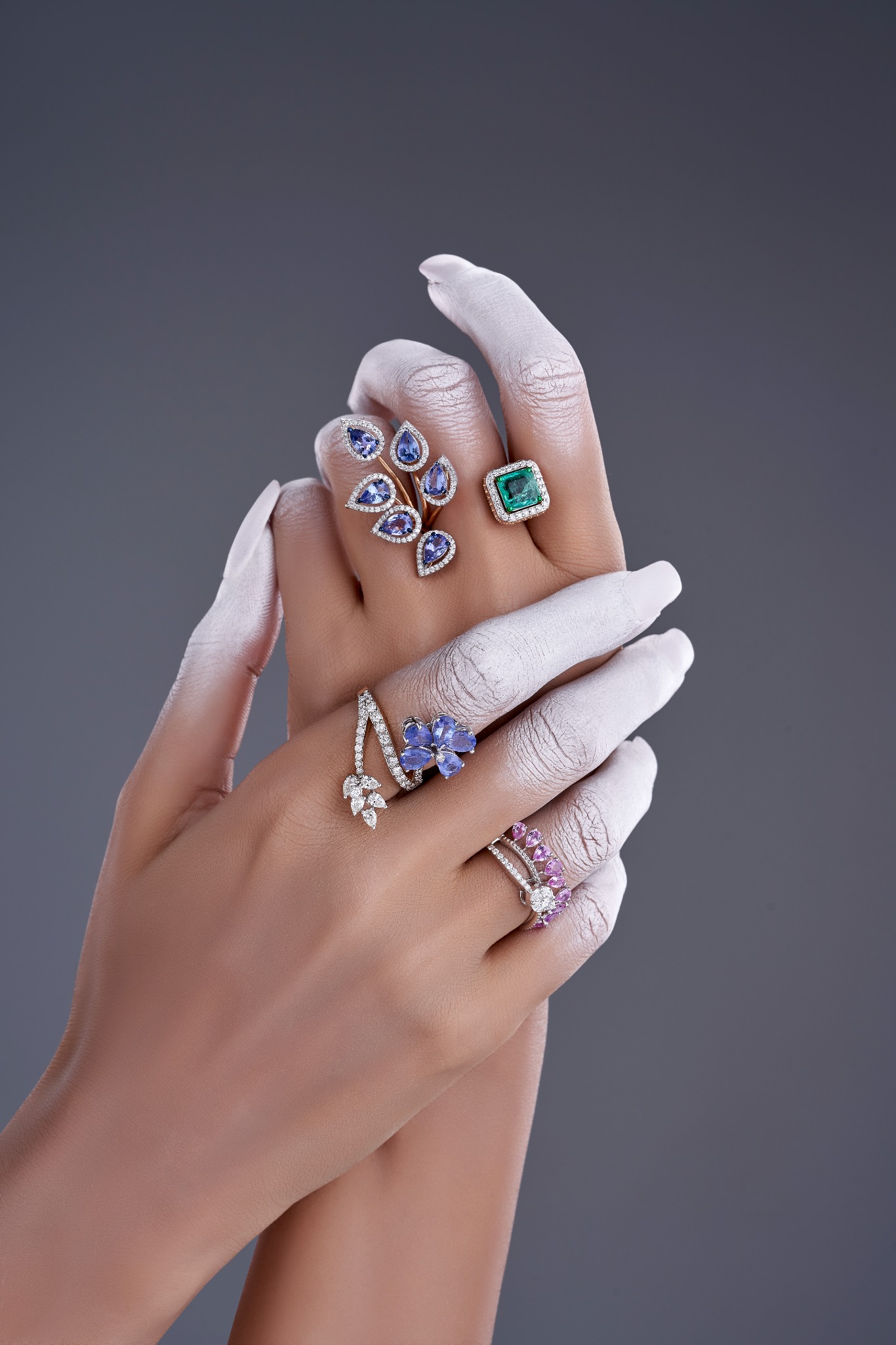 Fine-jewellery rings styled on the hand