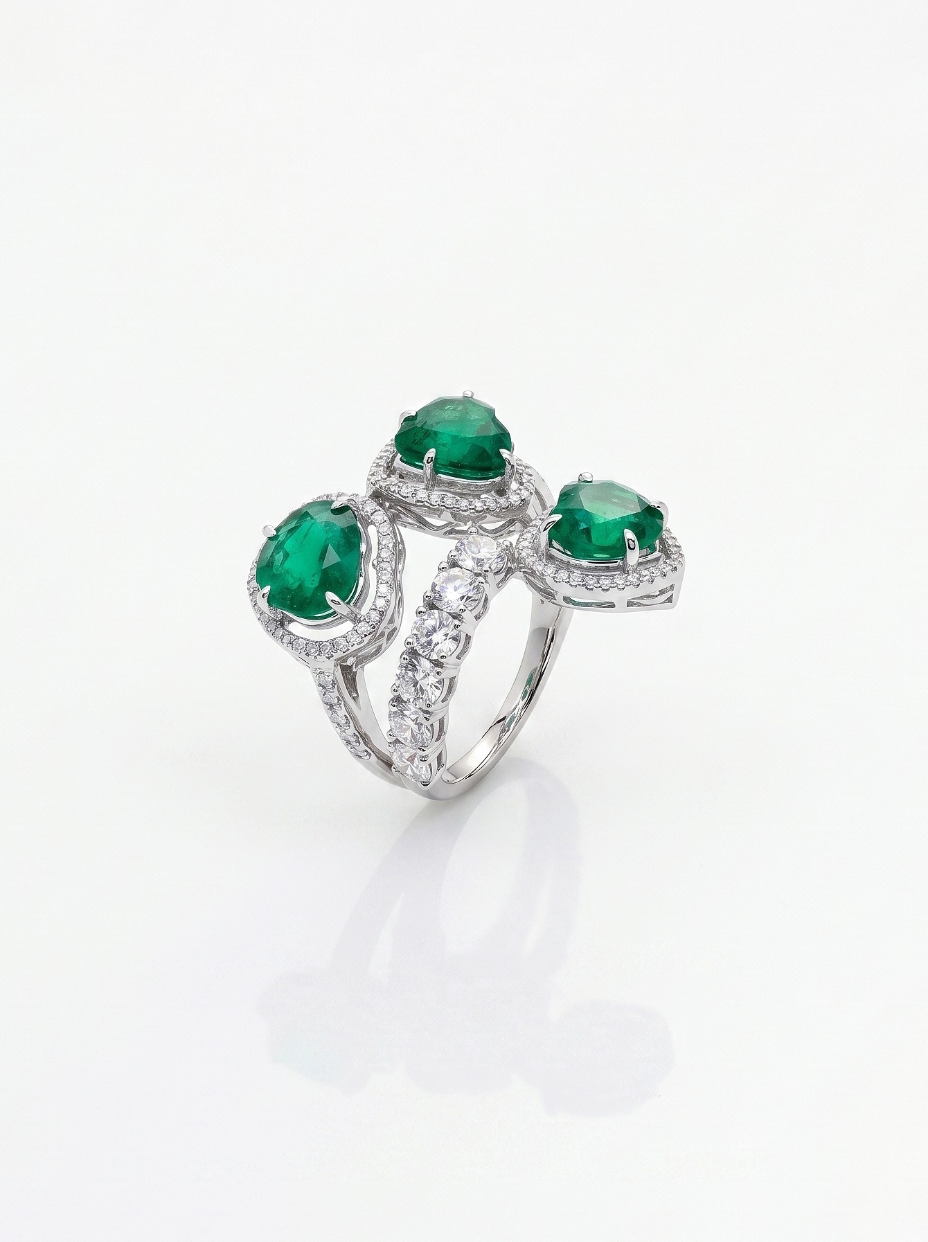 Three-stone emerald and diamond fine-jewellery ring